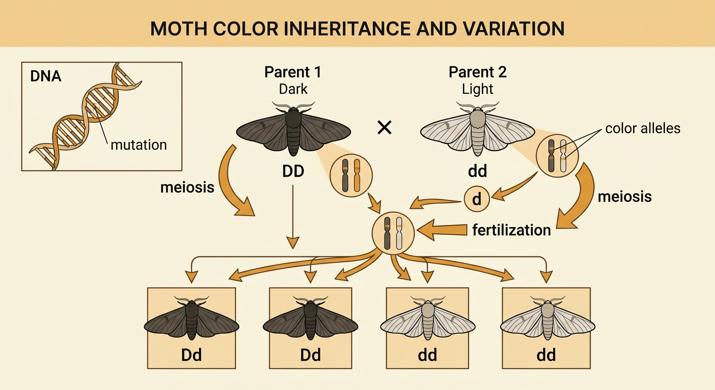 A genetics diagram shows how mutation and sexual reproduction produce inherited color variation in peppered moth offspring.