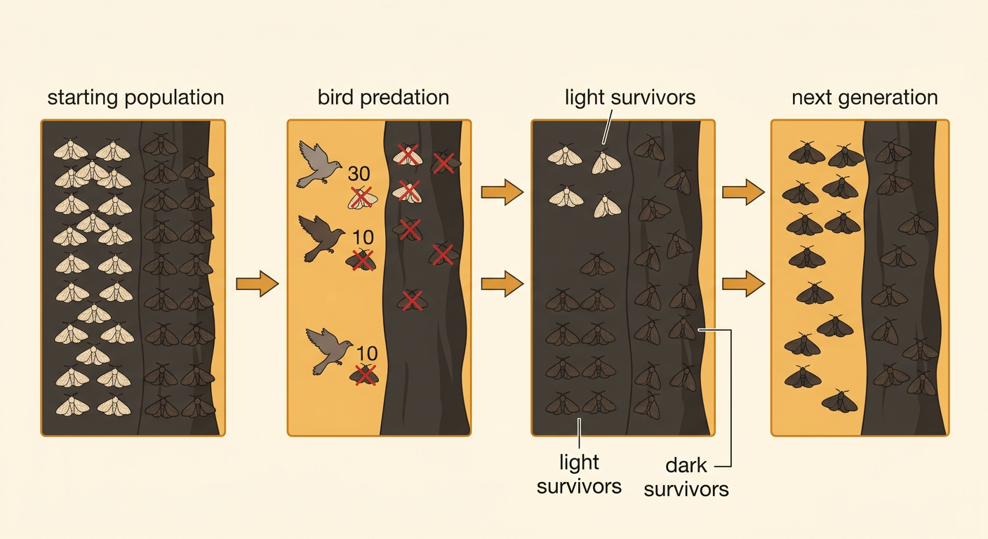 A before-and-after population model shows bird predation leaving more dark survivors than light survivors.