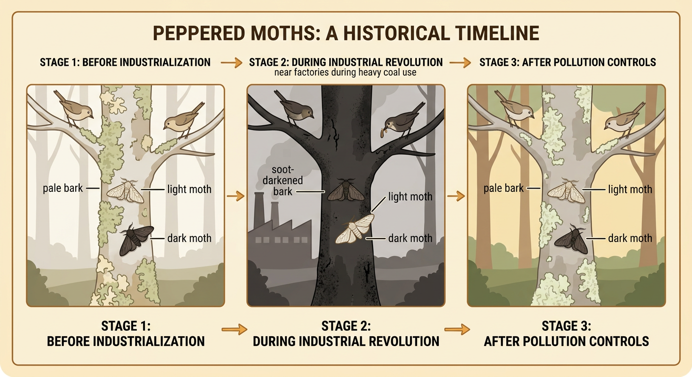 Light and dark peppered moths rest on pale and soot-darkened tree bark while a bird searches for prey.