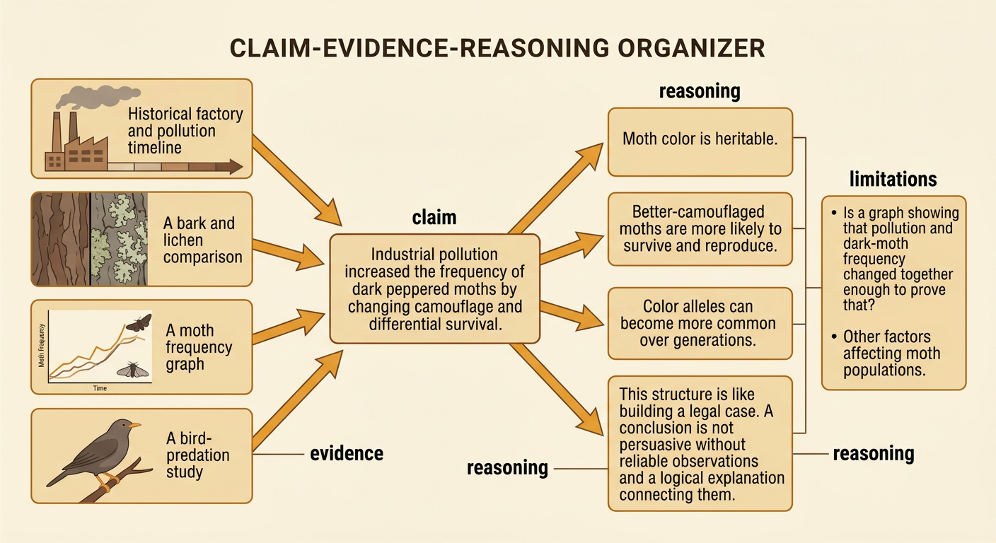 An evidence organizer connects industrial pollution, moth data, predation studies, and possible limitations to a scientific conclusion.