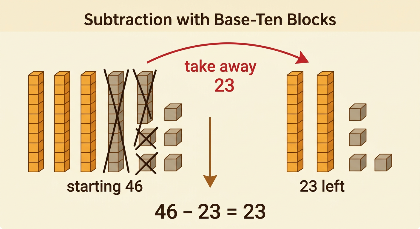 A base-ten block diagram shows 46 before two tens and three ones are removed, leaving 23.