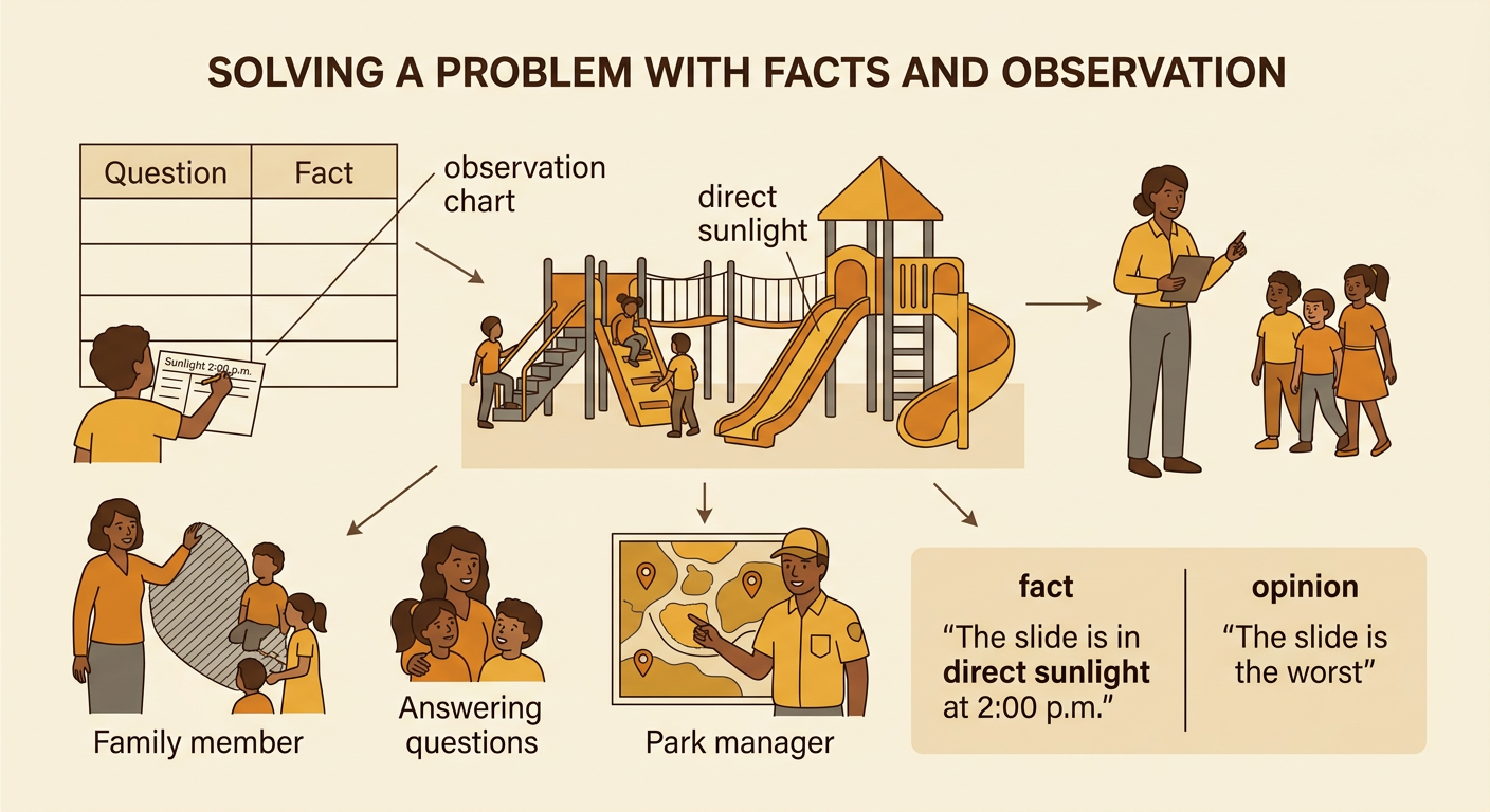 Students at a sunny playground record the time and sunlight on an observation chart while a teacher counts children avoiding the hot slide.