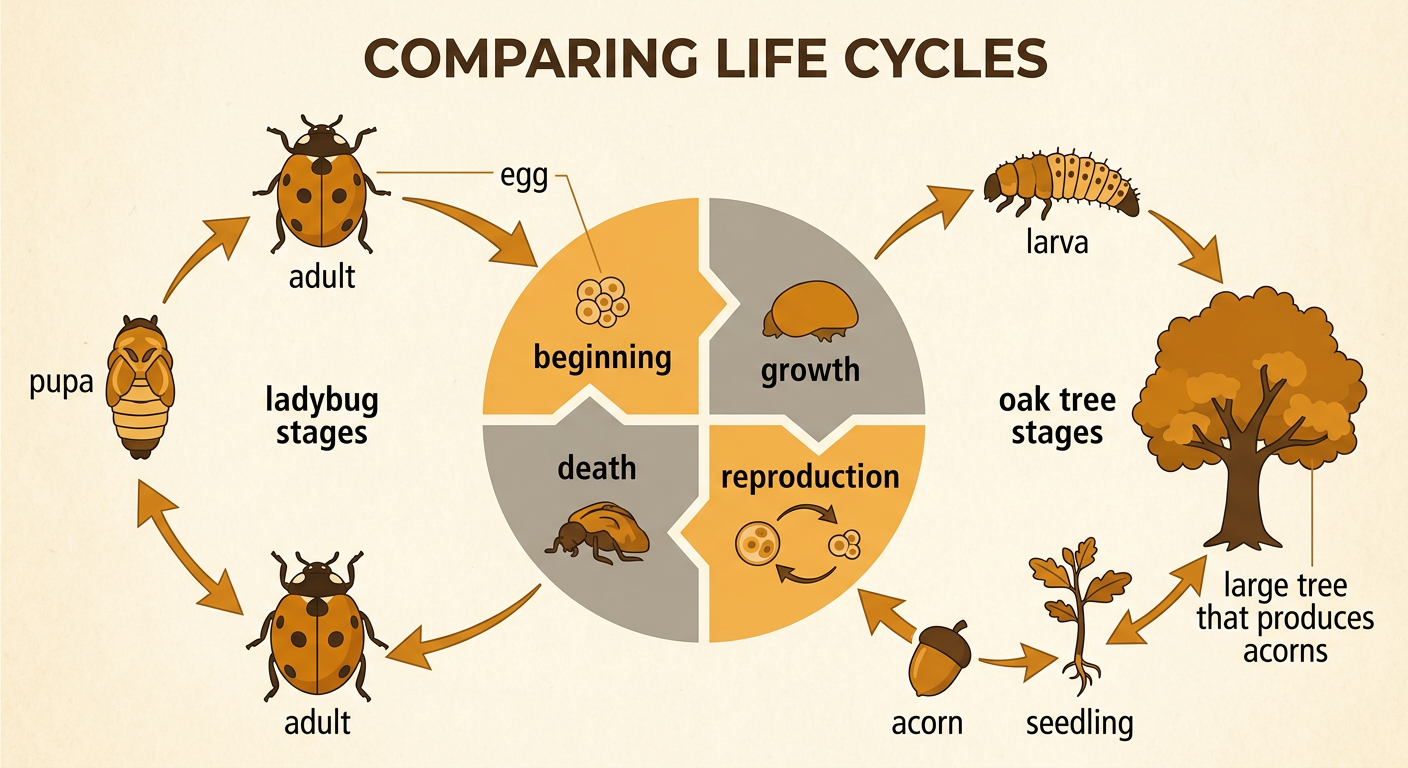 A ladybug and an oak tree are shown beside the four shared life-cycle events of beginning, growth, reproduction, and death.