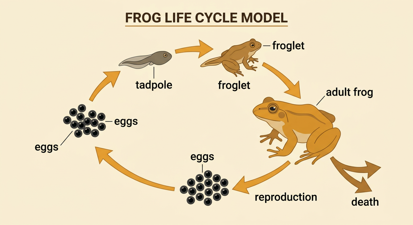 A frog life-cycle model uses arrows to show eggs, tadpole, froglet, adult frog, reproduction, and death without connecting death to eggs.