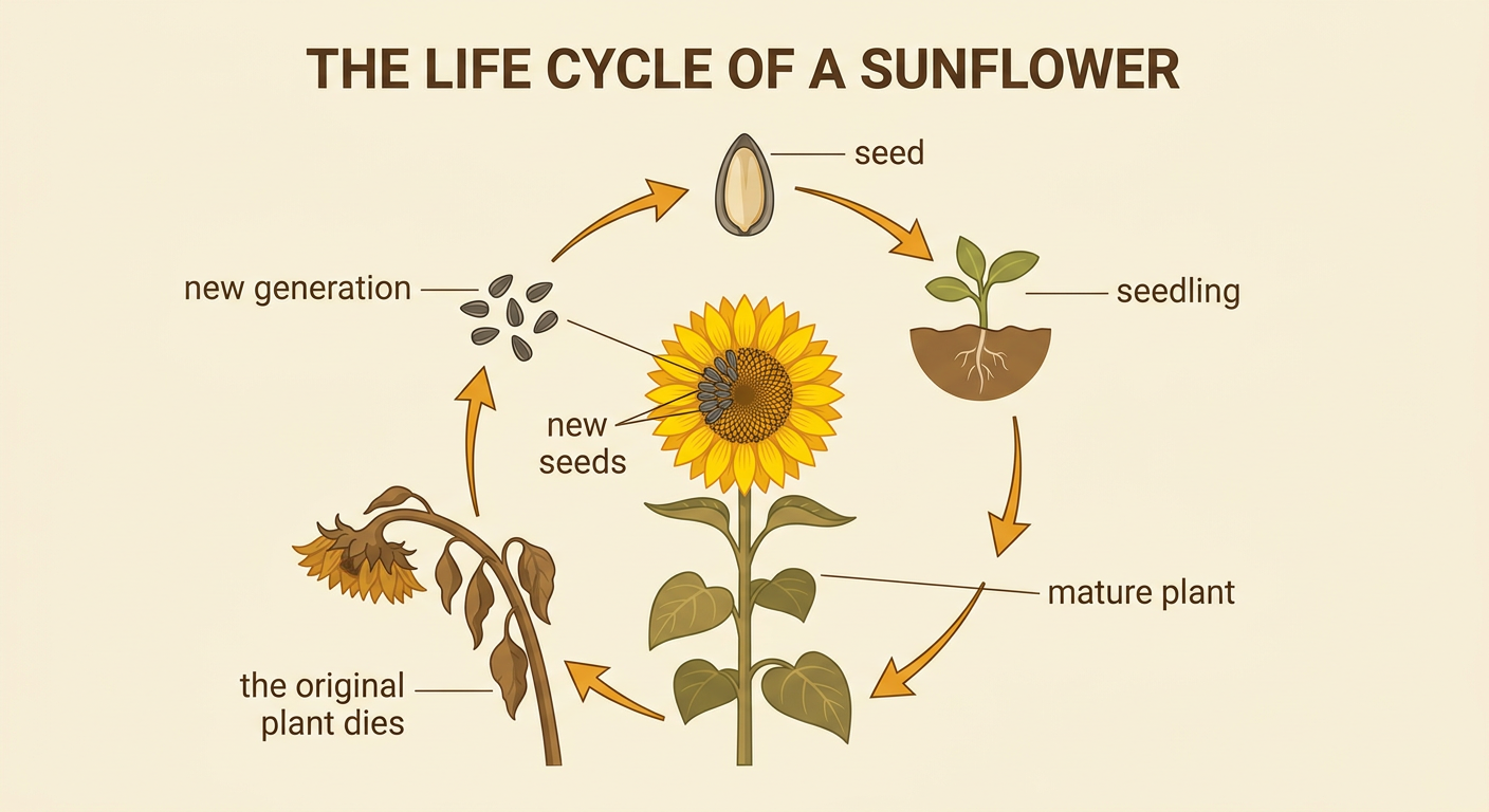 A circular sunflower life-cycle diagram shows a seed growing into a seedling and mature plant that produces new seeds before dying.