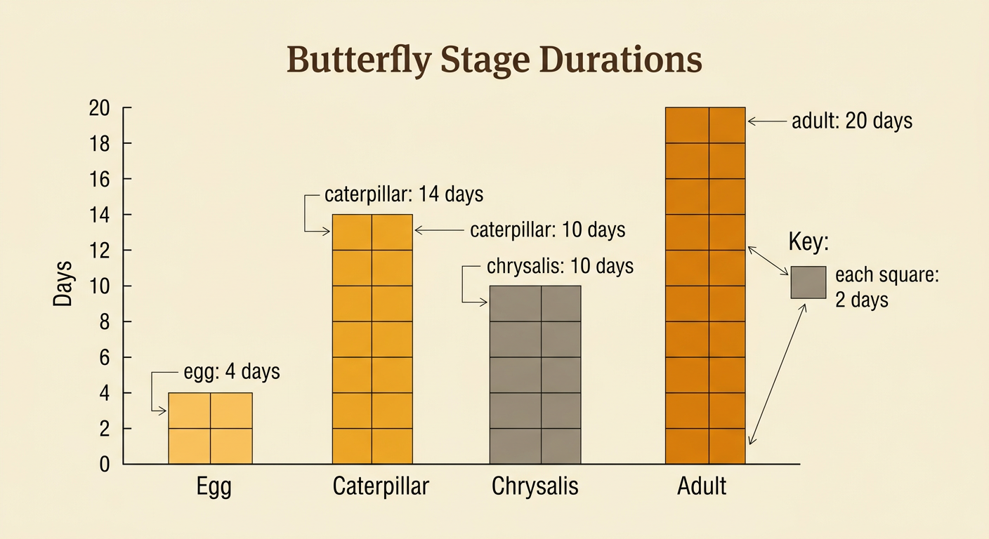 A scaled bar graph compares the number of days a butterfly spends as an egg, caterpillar, chrysalis, and adult.