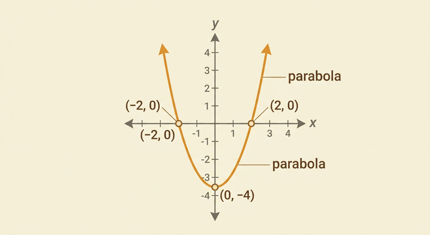 An upward-opening graph of y = x² - 4 shows three labeled points and its symmetric curved shape.
