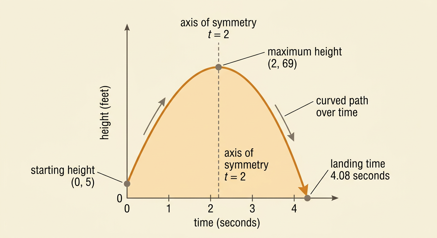 A height-versus-time parabola shows a ball starting above the ground, reaching its maximum, and landing.