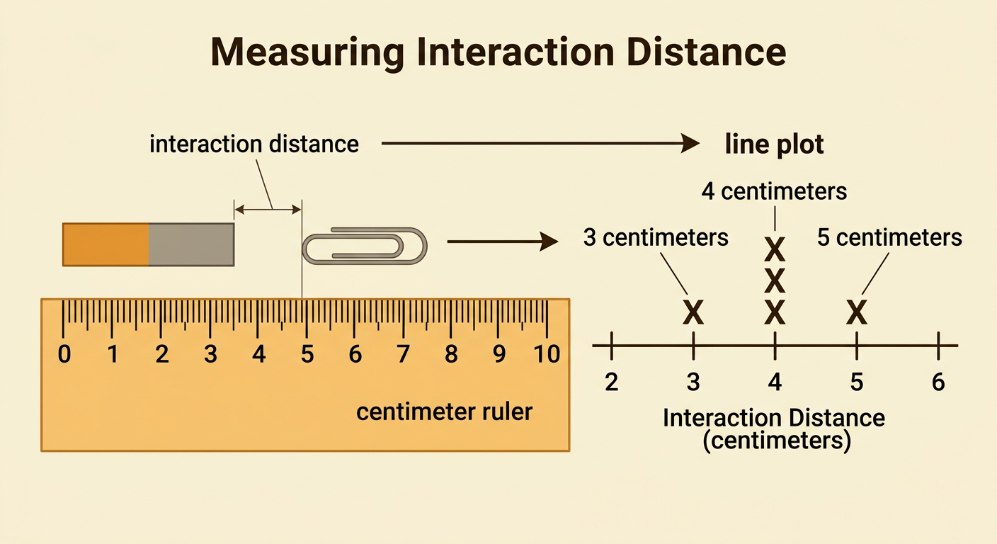 A centimeter ruler measures the gap from a bar magnet to a paper clip beside a line plot of five trials.