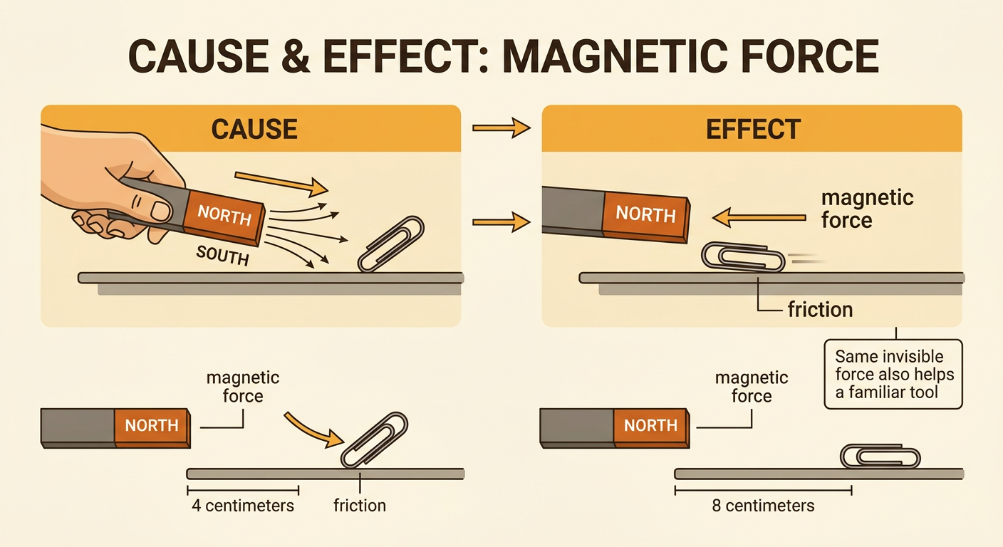 A close magnet pulls a paper clip despite friction, while a far magnet does not move it.