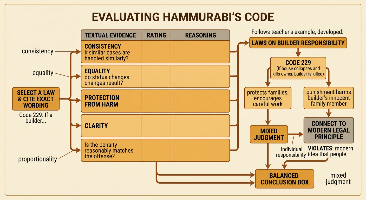 An evaluation chart applies legal criteria to a Babylonian law about an unsafe house and its builder.