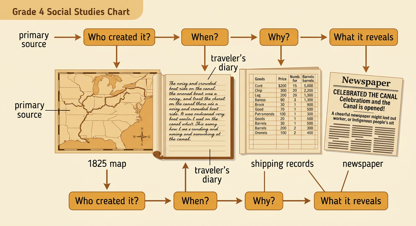 A historian's table displays an 1825 map, a traveler's diary, shipping records, and a celebratory newspaper.