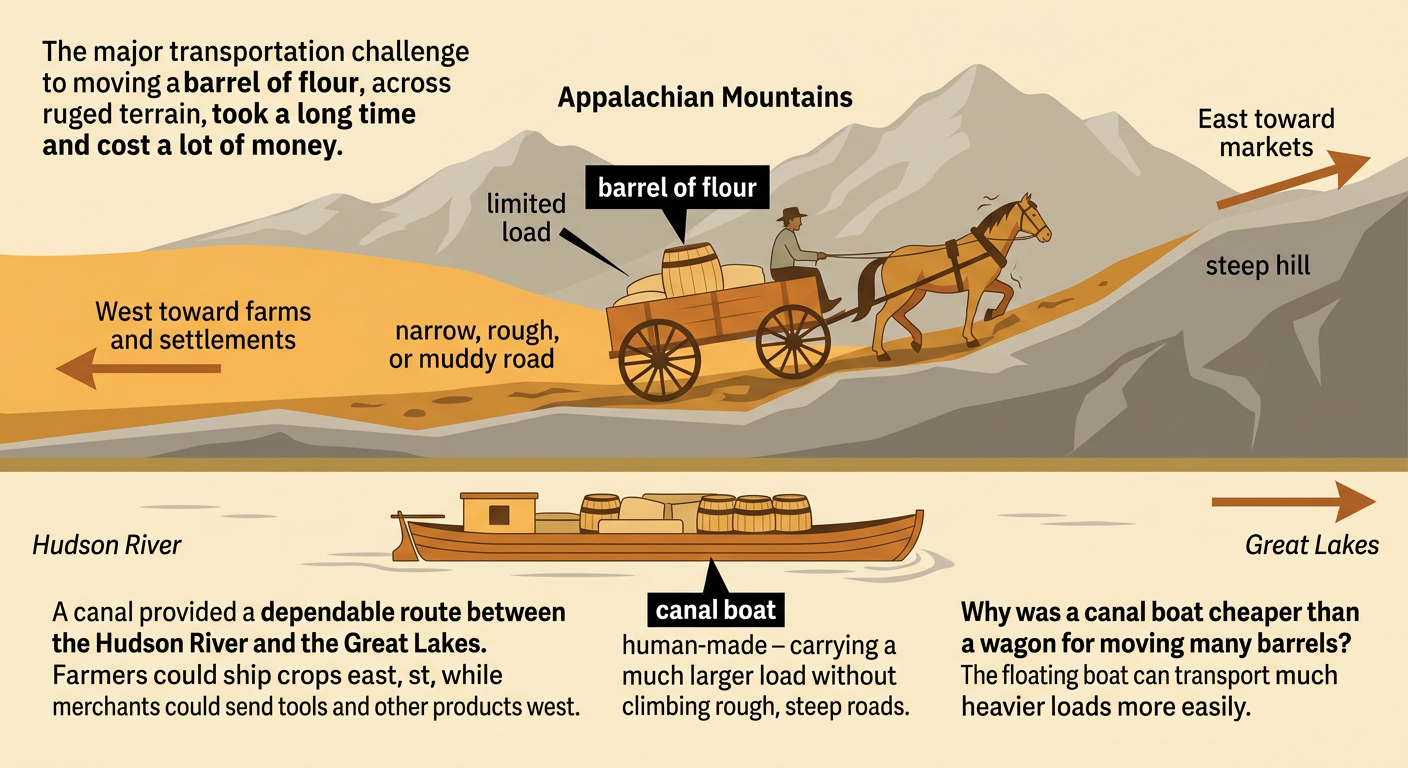 A loaded wagon struggles over the Appalachian Mountains while a canal boat easily carries barrels toward connected waterways.