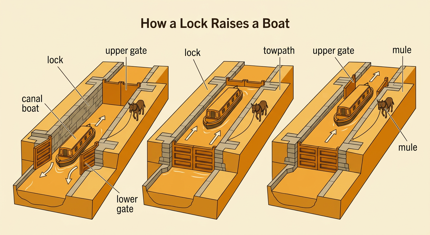 A cutaway diagram shows a canal boat rising inside a lock while a mule waits on the towpath.