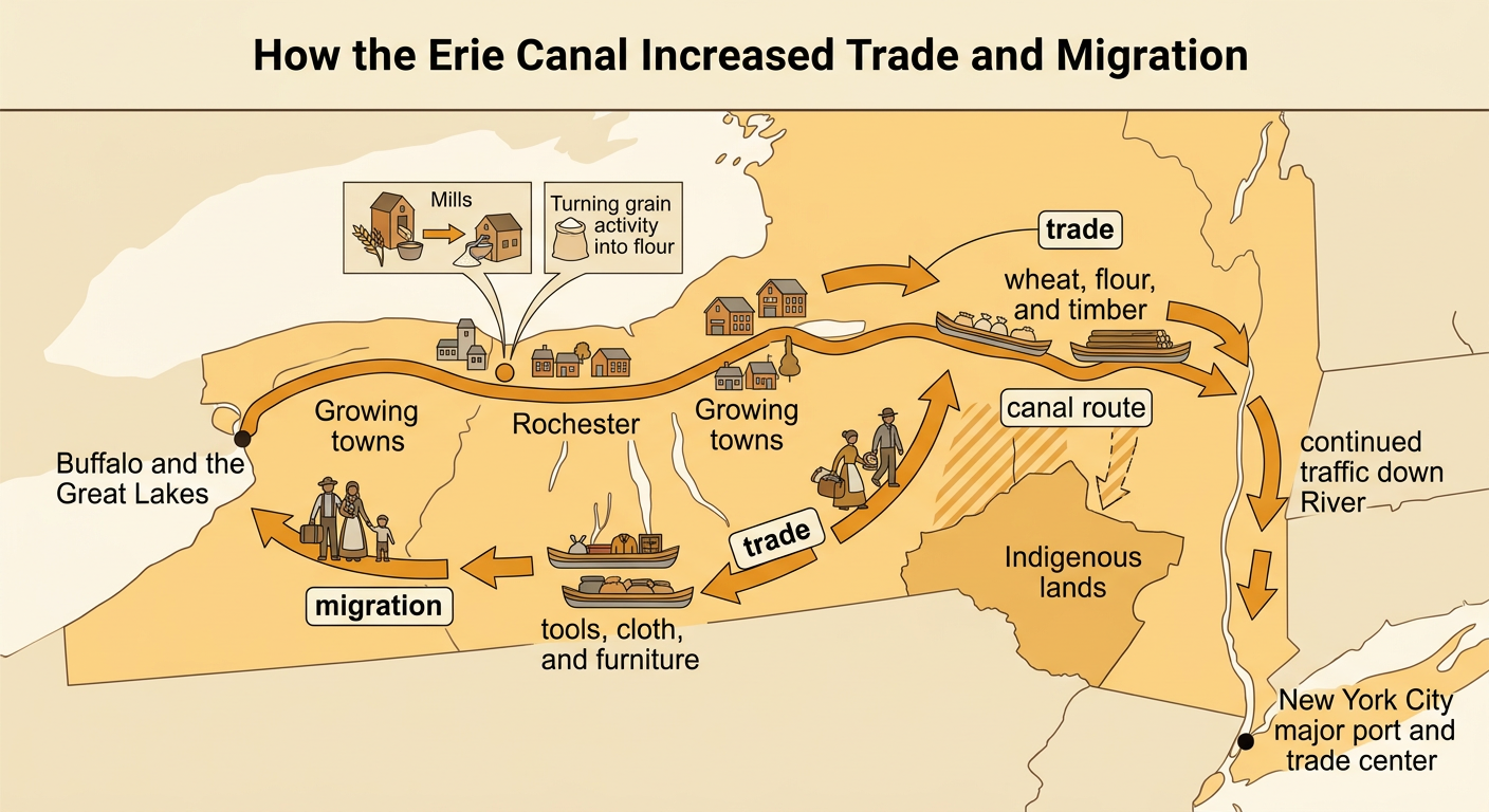 A crowded canal port shows goods being traded, a family migrating west, a growing Rochester, and displaced Indigenous people.