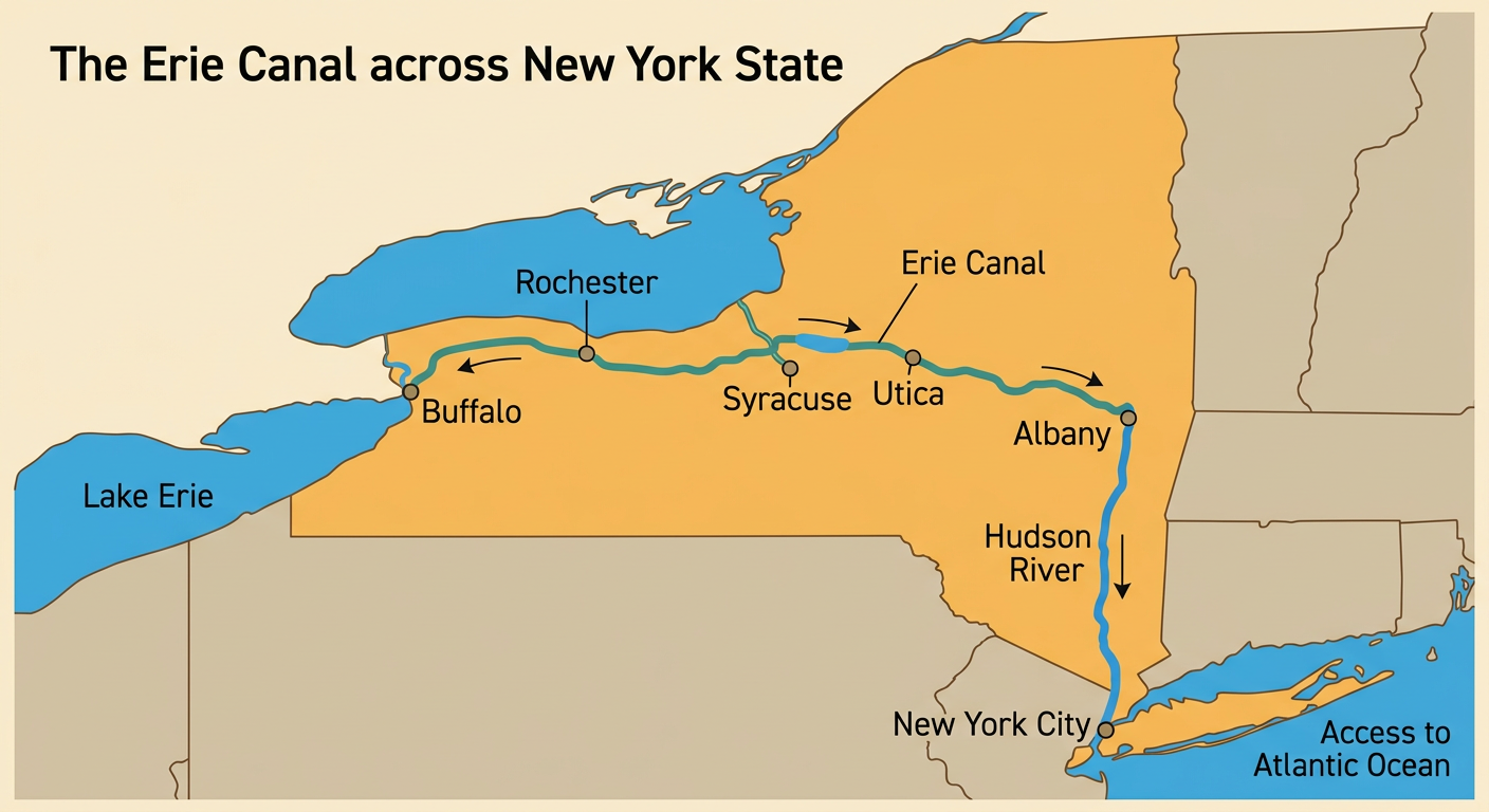 A map of New York shows the Erie Canal running from Albany through Rochester to Buffalo and connecting major waterways.