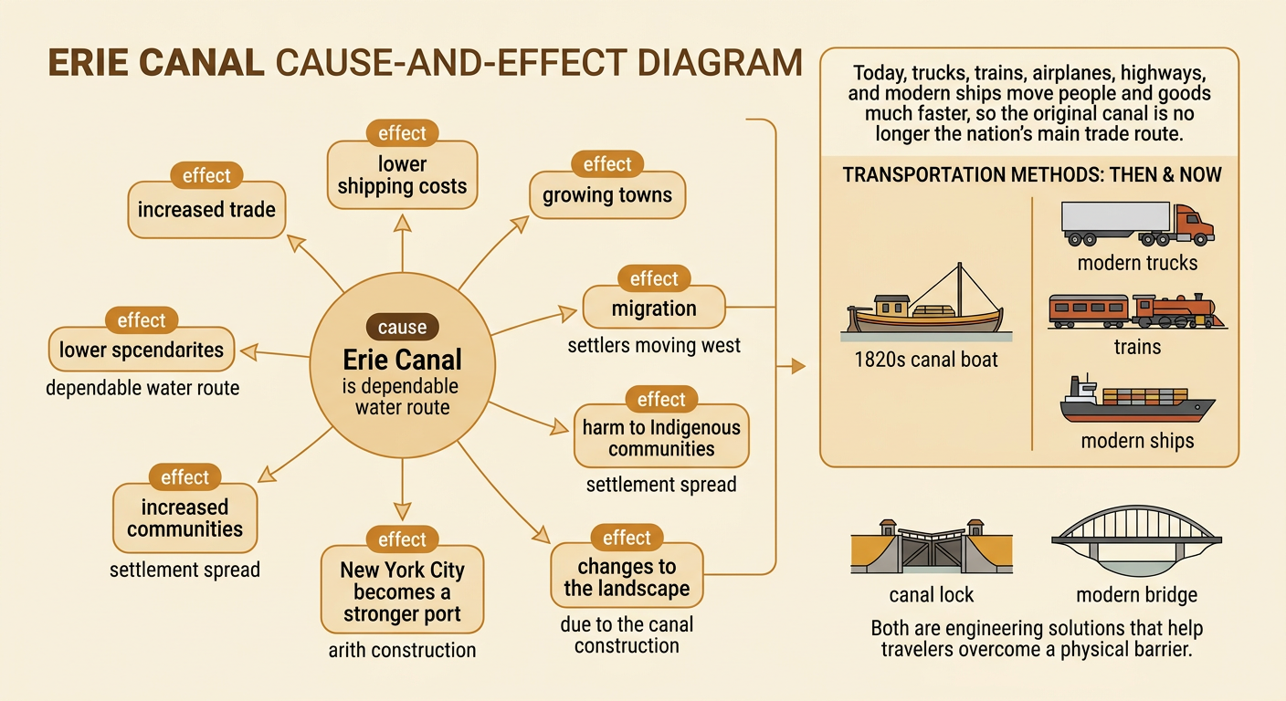 A cause-and-effect diagram connects the Erie Canal to cheaper shipping, increased trade, town growth, migration, and community changes.