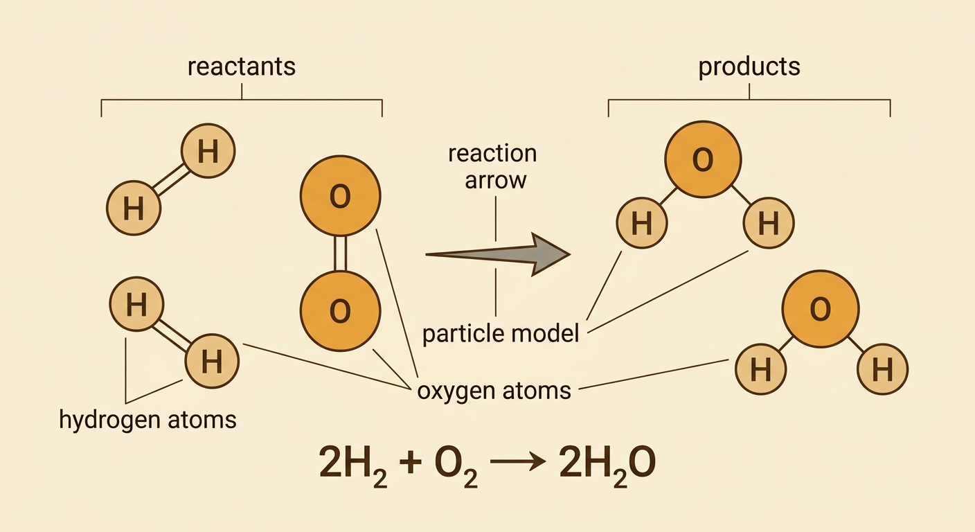 A color-coded particle model shows two hydrogen molecules and one oxygen molecule rearranging into two water molecules.