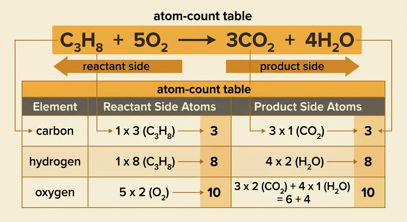 A propane combustion equation appears above a table comparing carbon, hydrogen, and oxygen totals on both sides.