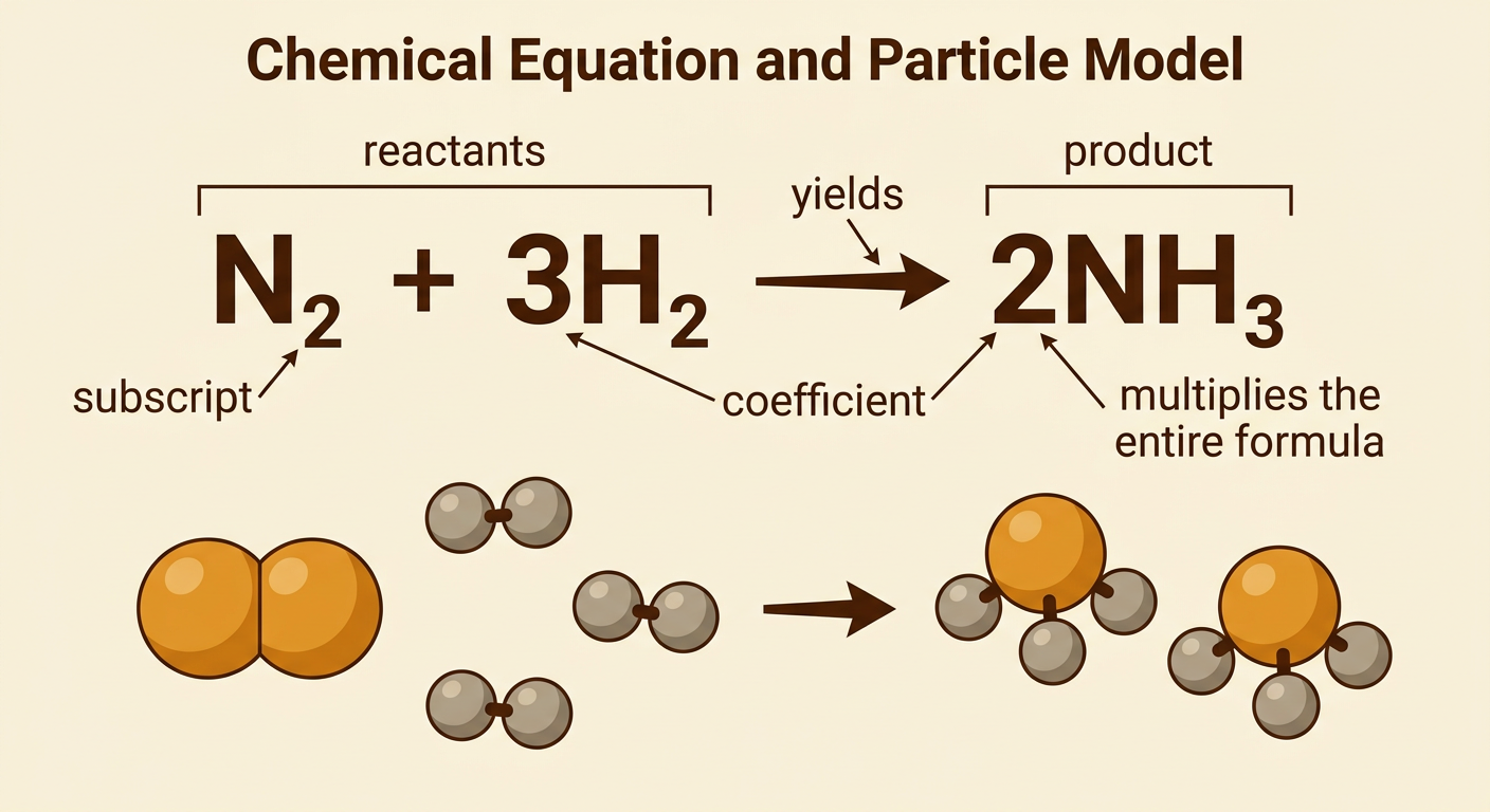 An annotated ammonia equation identifies its reactants, product, arrow, subscripts, and coefficients.