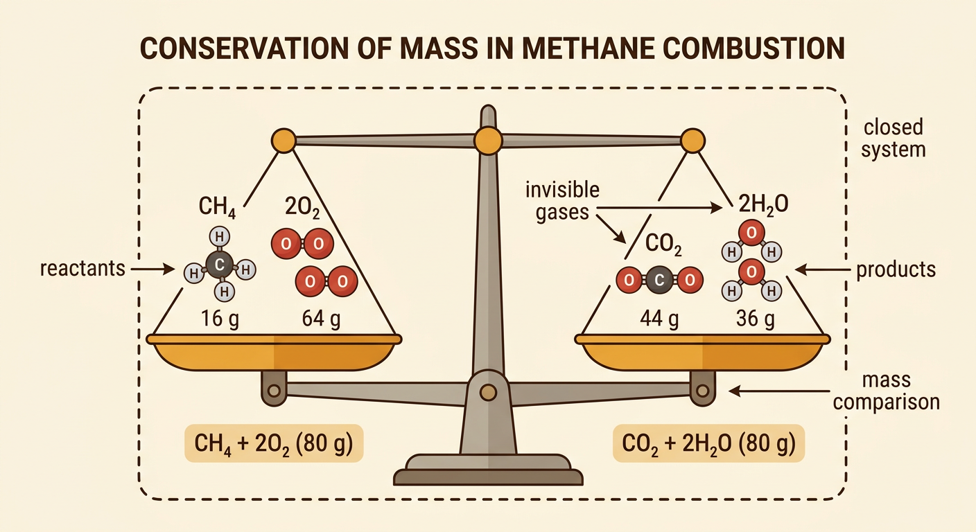 A mass comparison shows methane burning in a closed container beside an open container where gases escape.