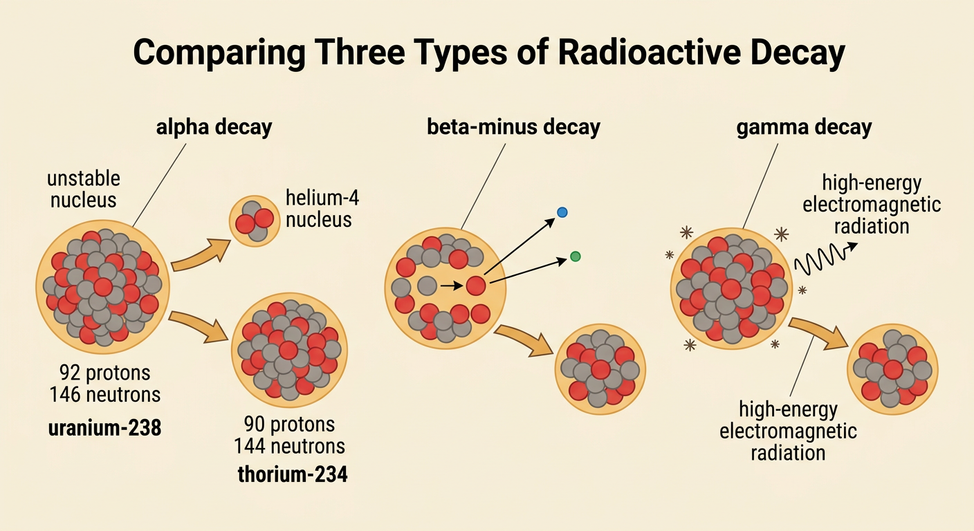 A single nuclear-decay diagram shows an unstable nucleus and the three decay types, including uranium changing into thorium.