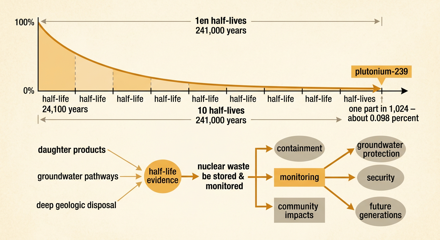 A deep underground waste repository diagram connects plutonium decay with containers, rock layers, daughter products, and possible groundwater movement.