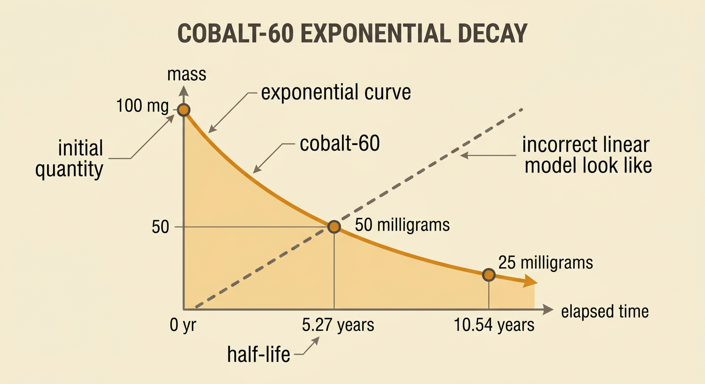 A single labeled graph shows the cobalt-60 exponential curve falling from 100 milligrams to 50 and then 25.