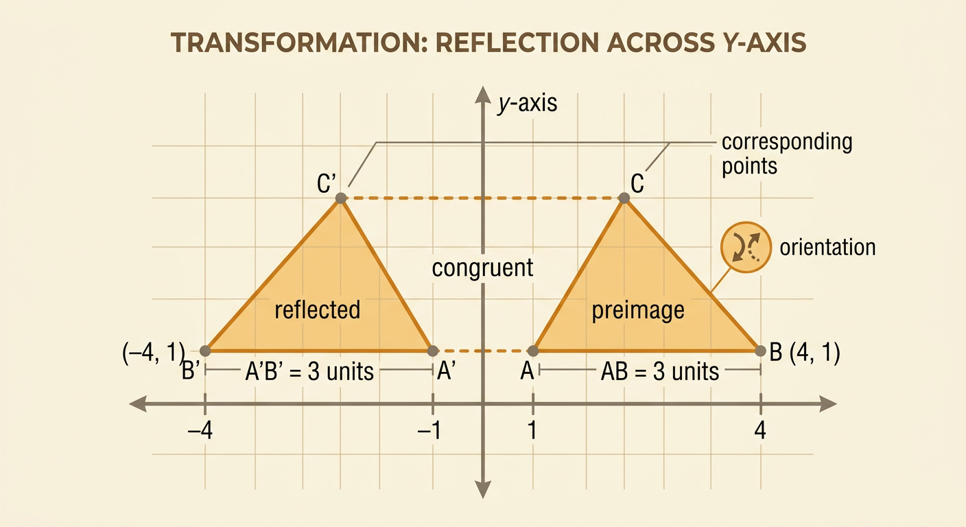 Two congruent triangles appear on opposite sides of the y-axis with corresponding vertices and equal bases marked.