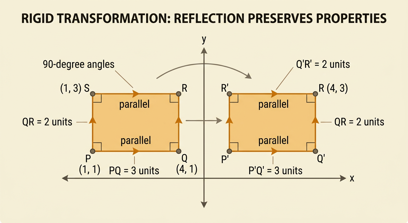 An original rectangle and its reflection across the y-axis show equal side lengths, right angles, and matching parallel sides.