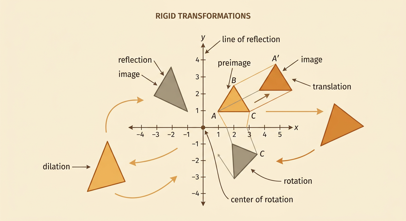 A coordinate-plane diagram shows a triangle as a preimage and its translated image beside small reflection and rotation examples.