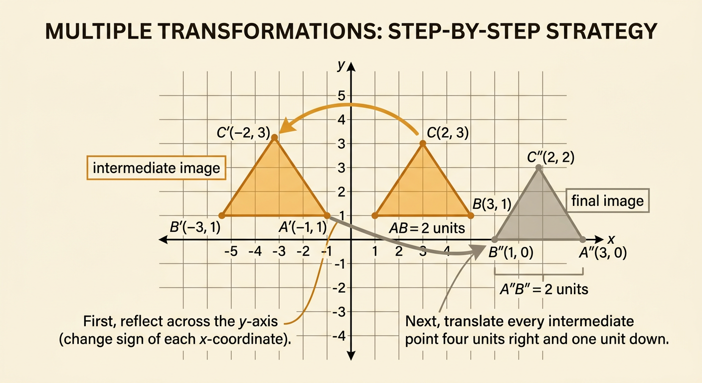 Three coordinate-plane triangles show the original figure, the reflected intermediate image, and the translated final image connected by arrows.