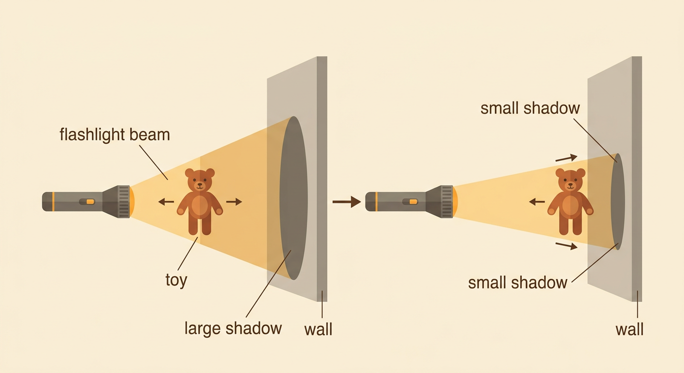 One flashlight setup shows a toy near the light making a large shadow and near the wall making a small shadow.