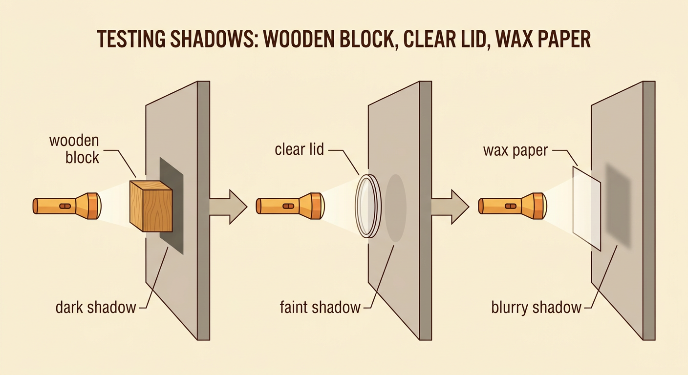Three objects between a flashlight and wall make a dark, faint, and blurry shadow.