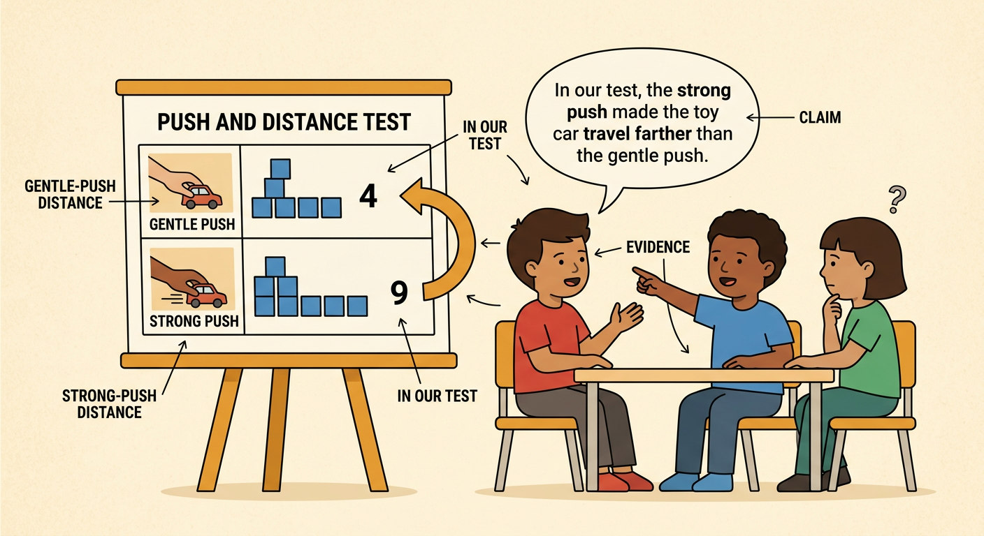 Children share a claim while pointing to evidence shown by four-block and nine-block car paths.