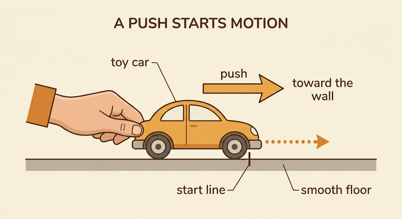 A hand pushes a toy car across a smooth floor toward a wall.