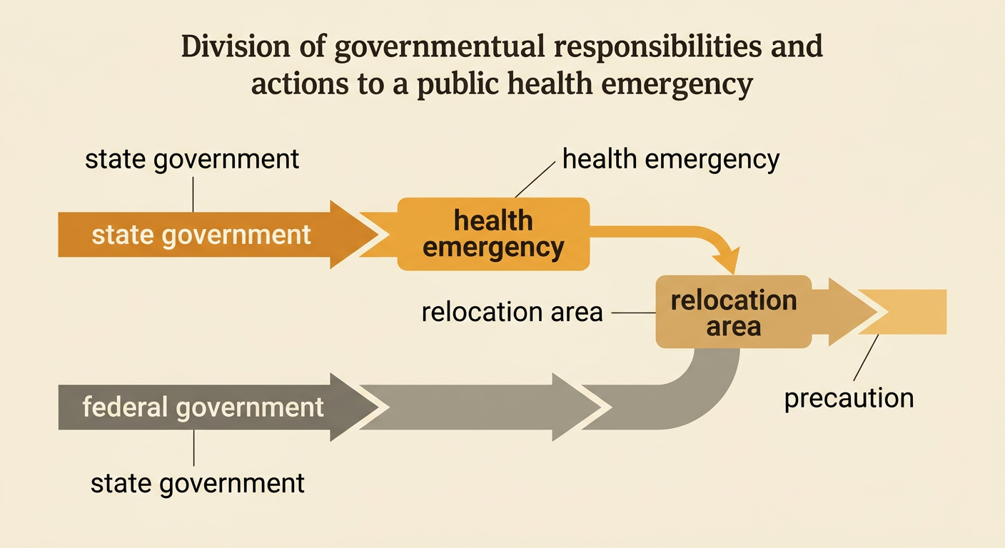 A government decision diagram connects scientific evidence and public pressure to emergency declarations and family relocation.