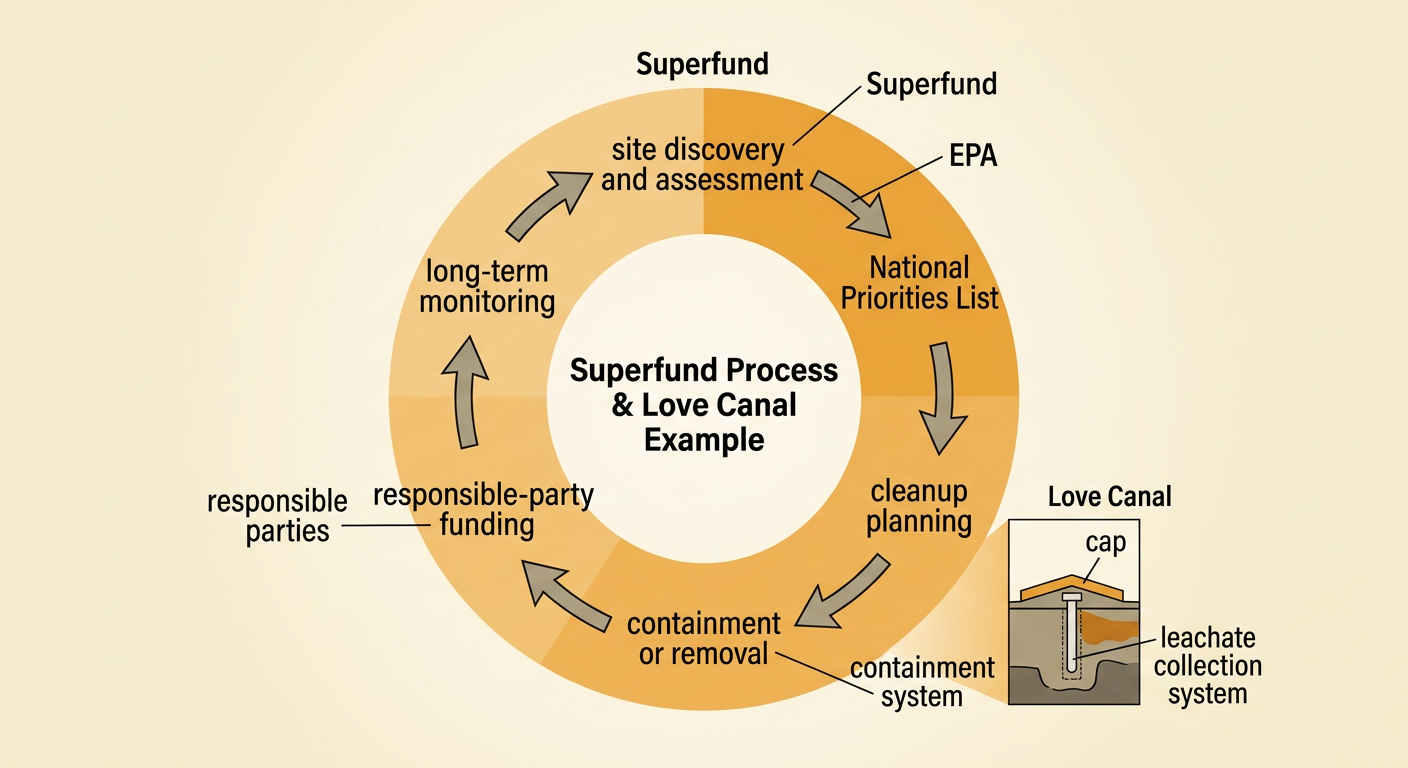 A federal cleanup process diagram shows how a hazardous site moves through investigation, priority listing, cleanup, payment, and monitoring.