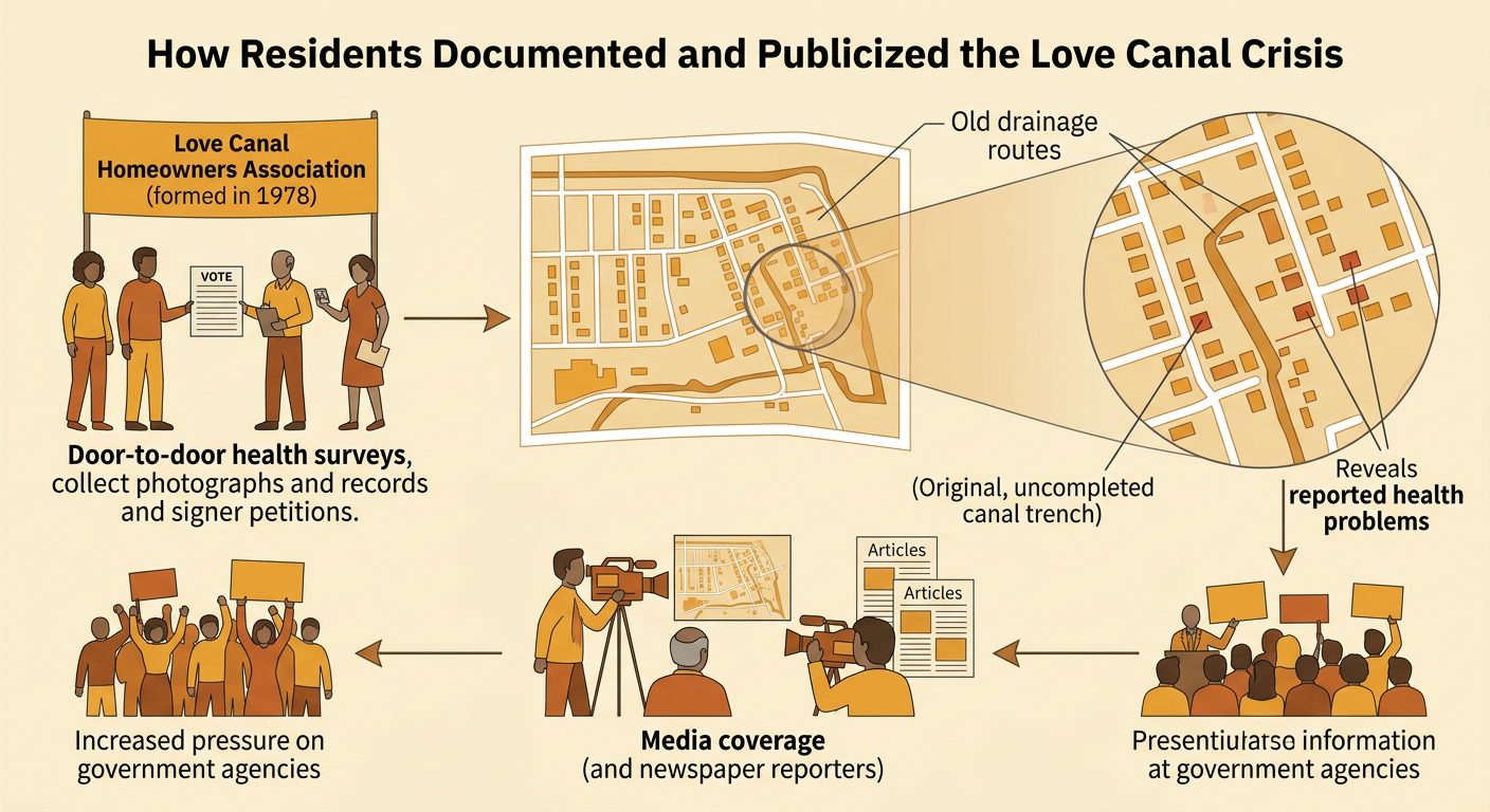 Residents gather around a neighborhood health map while reporters document photographs, records, and petitions.