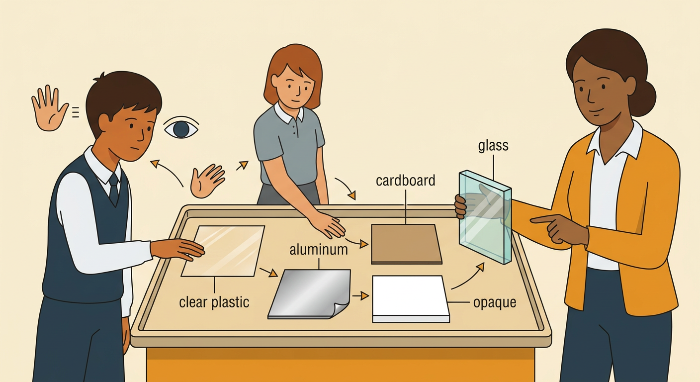 Four safe, unbroken material samples are shown being examined by sight and gentle touch.