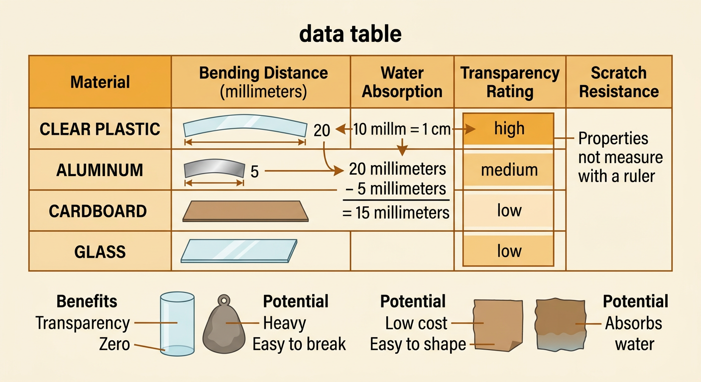 A completed data table compares bending measurements and transparency ratings for four materials.