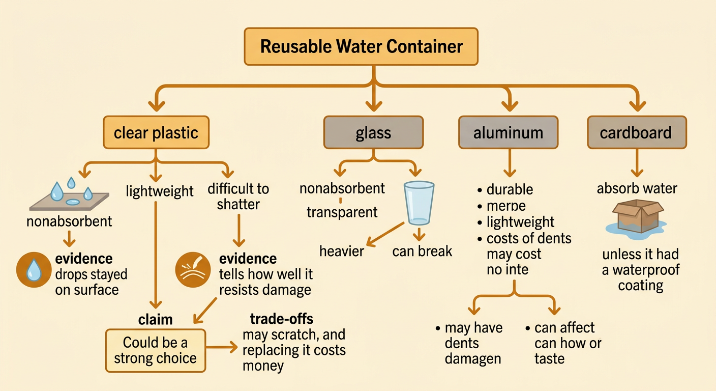 Clear plastic, glass, and cardboard water containers are compared for usefulness, safety, and waste.