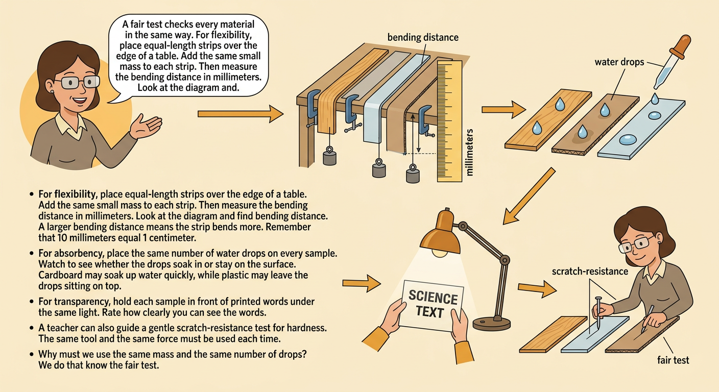 Equal material strips undergo side-by-side bending, water-drop, word-viewing, and gentle scratch tests.