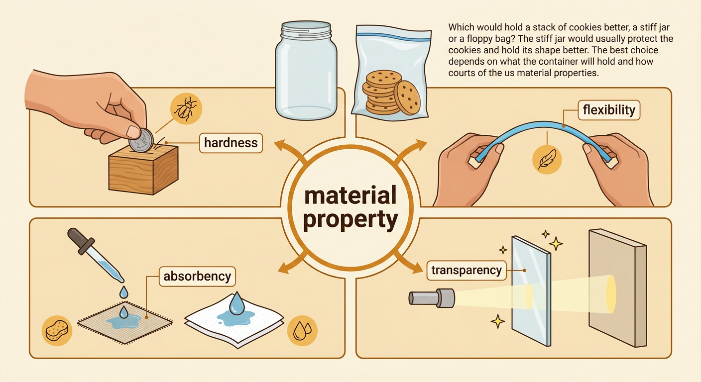 A glass jar and a plastic bag appear beside four illustrated material properties.