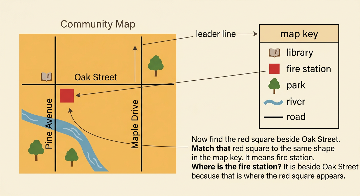 A neighborhood map shows a red square beside a road and a key explaining several simple symbols.