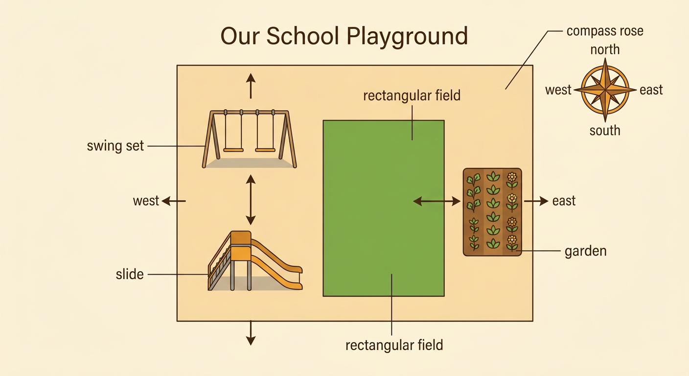 A simple overhead playground map shows swings, a slide, a garden, and a field with directions.