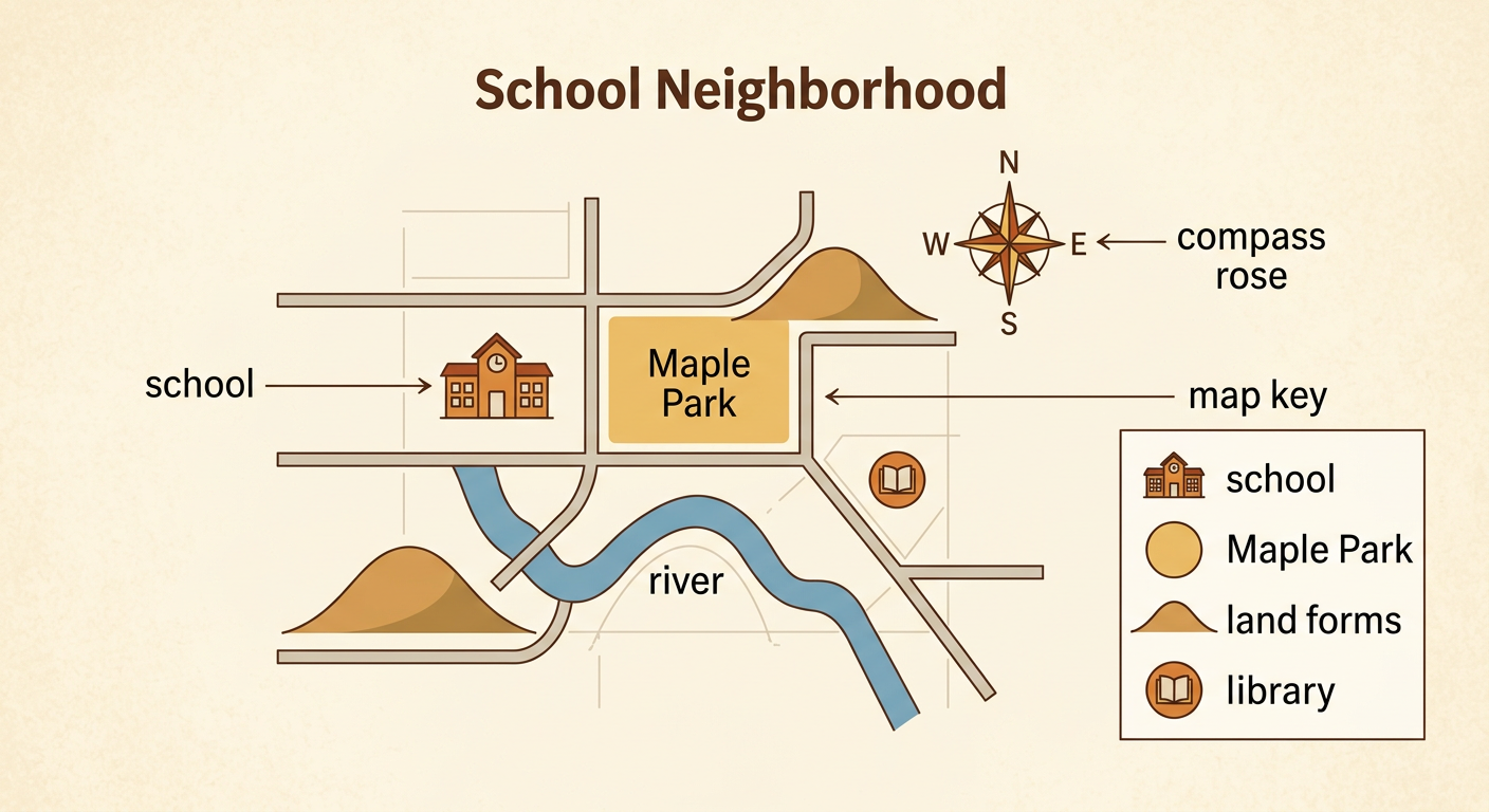A child’s finished neighborhood map shows a school, a park, roads, and a river with essential map features.