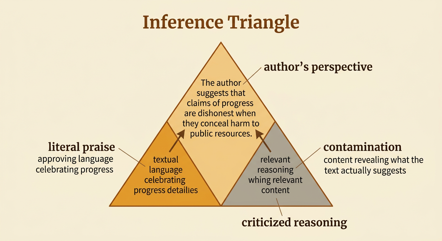 A diagram contrasts the narrator's praise of industrial progress with visible river contamination and points toward the author's deeper criticism.