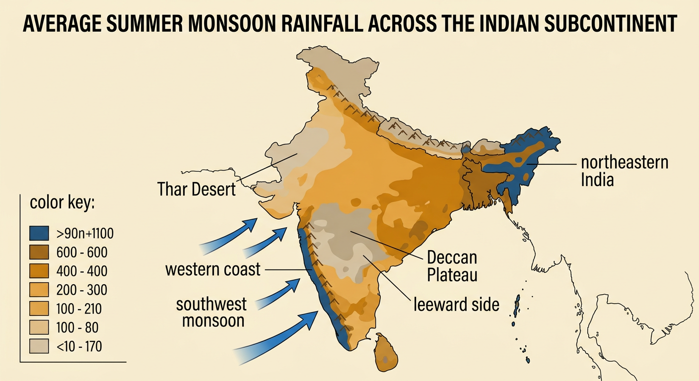 A color-coded summer rainfall map contrasts very wet coasts with dry northwestern and interior areas.