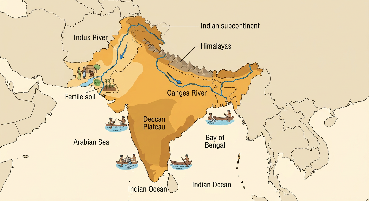 A physical map shows the major landforms and rivers of the Indian subcontinent.